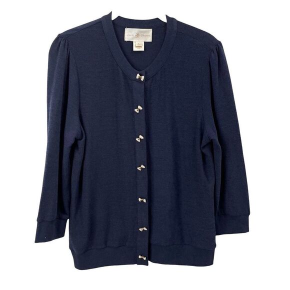 Julie Brown Bow button hardware cardigan Sz L navy blue - Picture 1 of 6